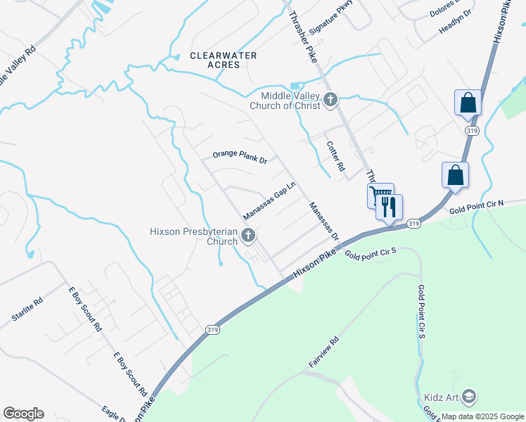 map of restaurants, bars, coffee shops, grocery stores, and more near 6830 Manassas Gap Lane in Middle Valley