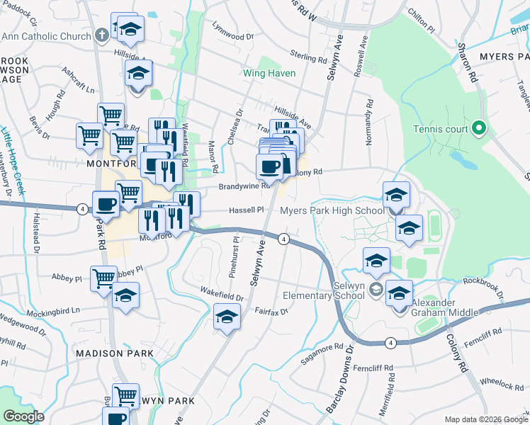 map of restaurants, bars, coffee shops, grocery stores, and more near 3000 Selwyn Avenue in Charlotte