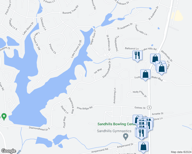 map of restaurants, bars, coffee shops, grocery stores, and more near 100 Ivy Way in Pinehurst