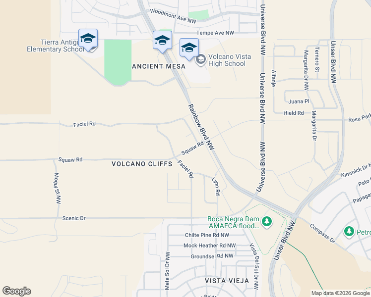 map of restaurants, bars, coffee shops, grocery stores, and more near Squaw Road in Albuquerque
