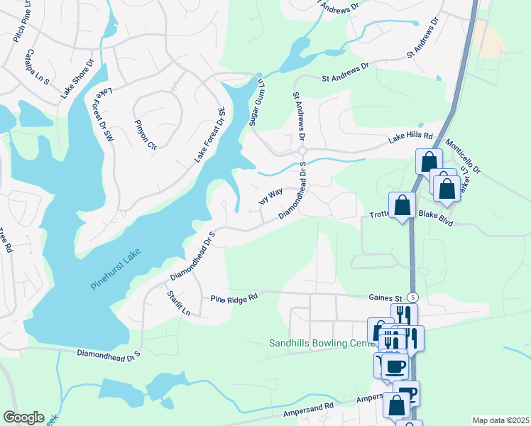 map of restaurants, bars, coffee shops, grocery stores, and more near 100 Ivy Way in Pinehurst