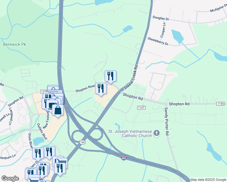map of restaurants, bars, coffee shops, grocery stores, and more near 8420 Steele Creek Road in Charlotte