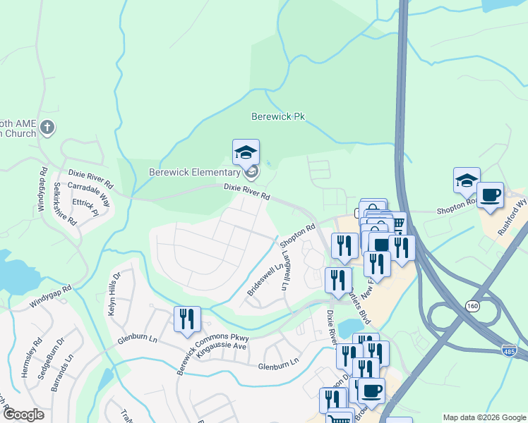 map of restaurants, bars, coffee shops, grocery stores, and more near 8919 Inverness Bay Road in Charlotte