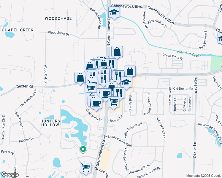 map of restaurants, bars, coffee shops, grocery stores, and more near 1705 Tennessee 177 in Memphis