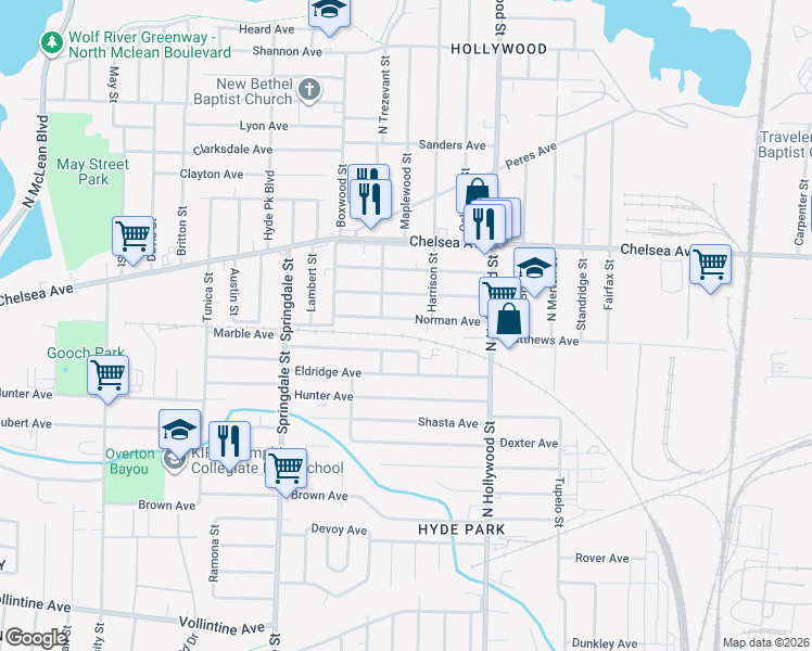 map of restaurants, bars, coffee shops, grocery stores, and more near 2343 Norman Avenue in Memphis