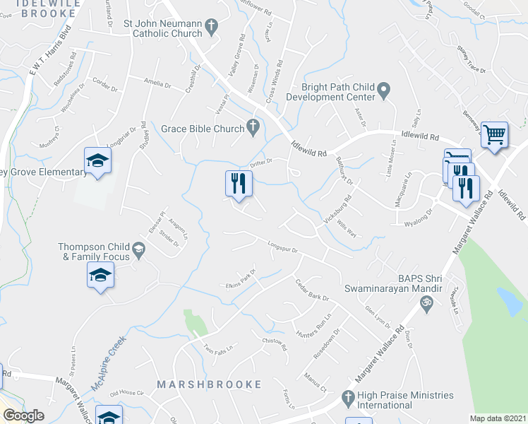 map of restaurants, bars, coffee shops, grocery stores, and more near 4460 Drifter Drive in Charlotte