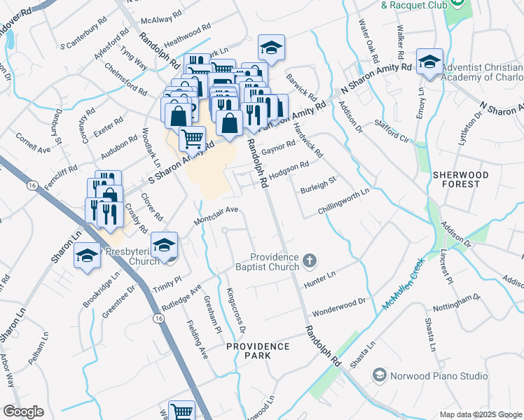 map of restaurants, bars, coffee shops, grocery stores, and more near 4740 Randolph Road in Charlotte