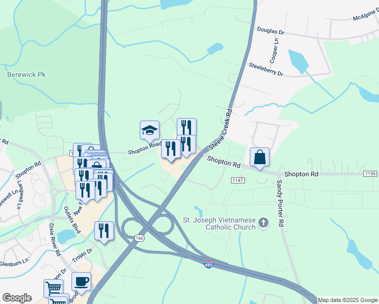 map of restaurants, bars, coffee shops, grocery stores, and more near 8420 Steele Creek Road in Charlotte