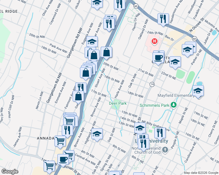 map of restaurants, bars, coffee shops, grocery stores, and more near 1755 Highland Avenue Northwest in Cleveland