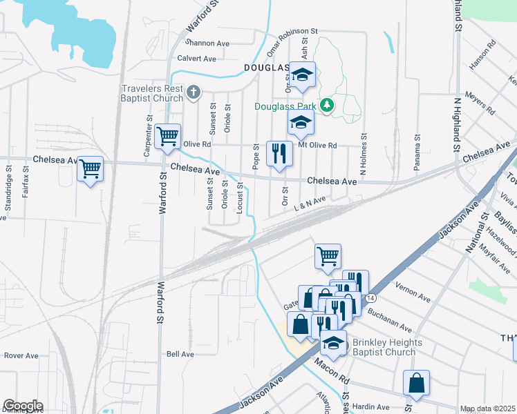 map of restaurants, bars, coffee shops, grocery stores, and more near 1450 Pope Street in Memphis