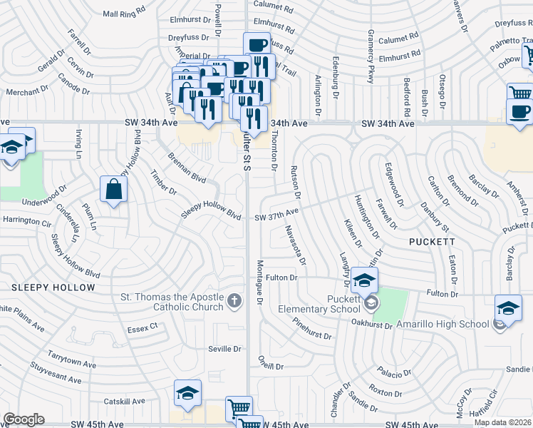 map of restaurants, bars, coffee shops, grocery stores, and more near 3621 Montague Drive in Amarillo