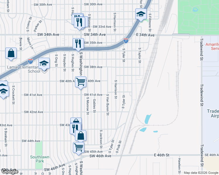 map of restaurants, bars, coffee shops, grocery stores, and more near 4011 South Van Buren Street in Amarillo