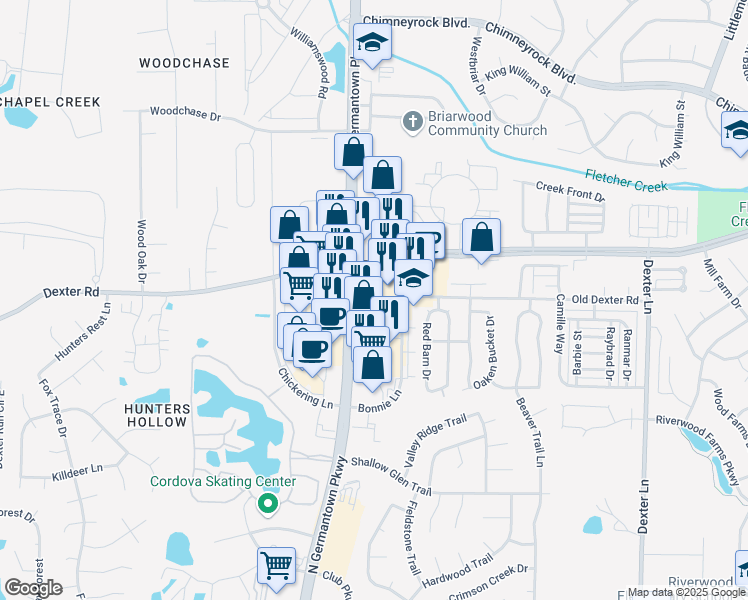 map of restaurants, bars, coffee shops, grocery stores, and more near 8110 Cordova Center Dr in Cordova