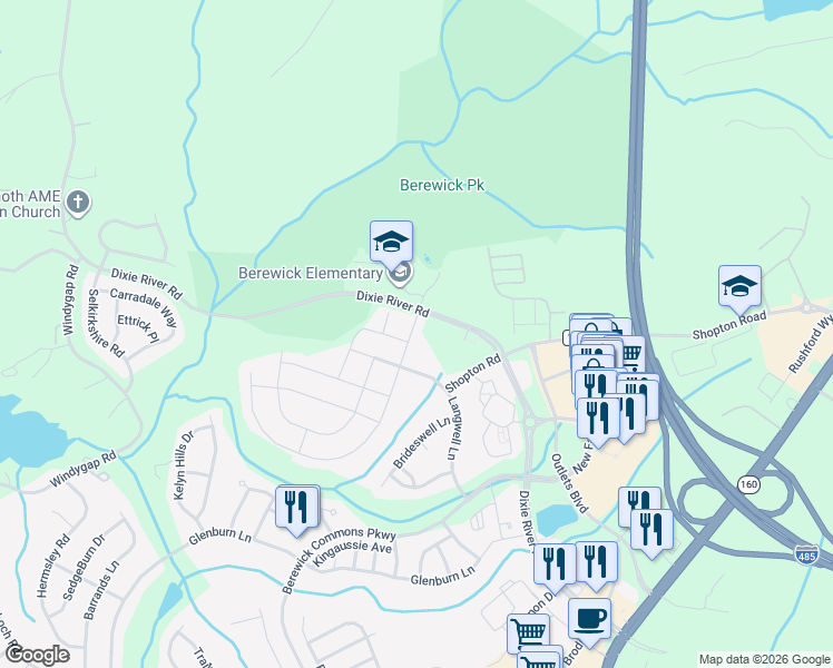 map of restaurants, bars, coffee shops, grocery stores, and more near 8919 Inverness Bay Road in Charlotte