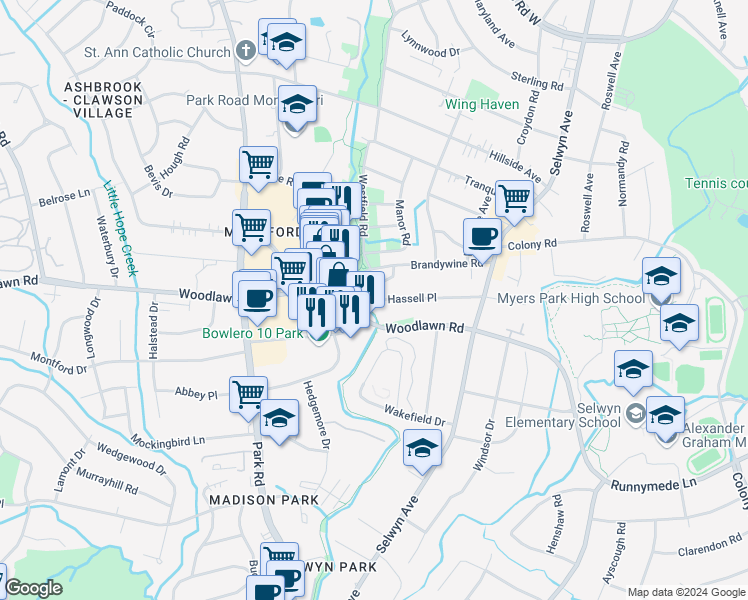 map of restaurants, bars, coffee shops, grocery stores, and more near 2108 Hassell Place in Charlotte