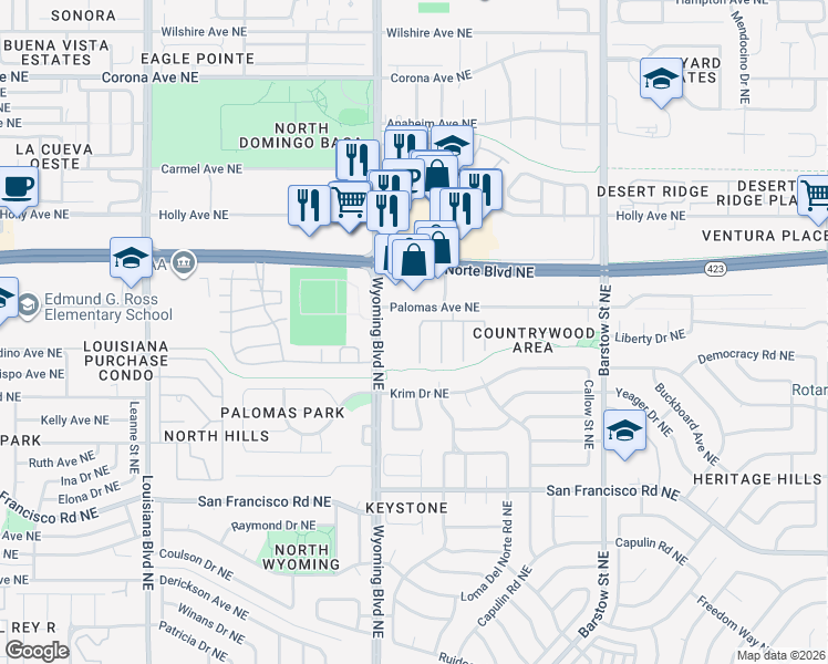 map of restaurants, bars, coffee shops, grocery stores, and more near 7933 Woodridge Drive Northeast in Albuquerque