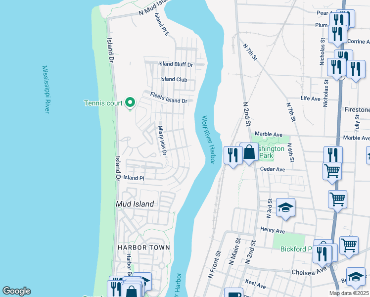 map of restaurants, bars, coffee shops, grocery stores, and more near 1155 Harbor River Cove in Memphis