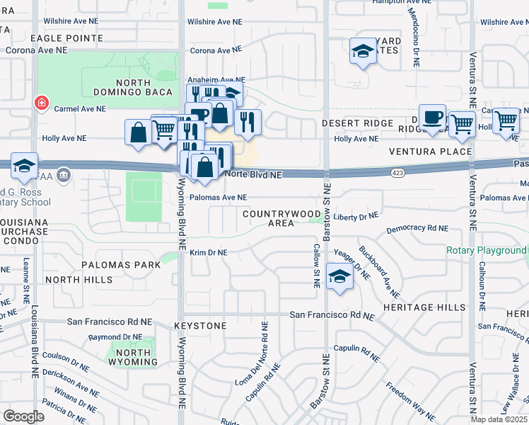 map of restaurants, bars, coffee shops, grocery stores, and more near 8100 Palomas Avenue Northeast in Albuquerque