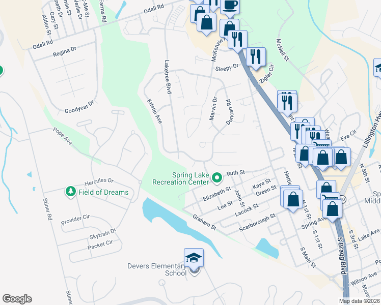 map of restaurants, bars, coffee shops, grocery stores, and more near 609 Duncan Road in Spring Lake