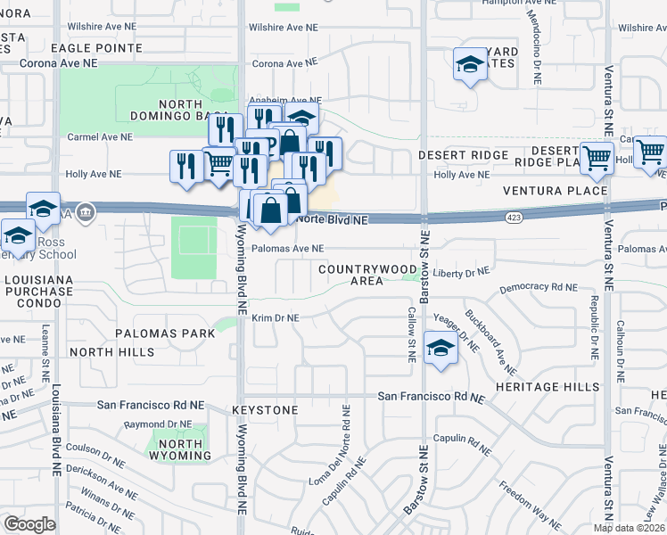 map of restaurants, bars, coffee shops, grocery stores, and more near 7916 Woodhaven Drive Northeast in Albuquerque
