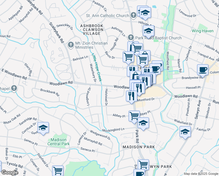 map of restaurants, bars, coffee shops, grocery stores, and more near 1310 East Woodlawn Road in Charlotte