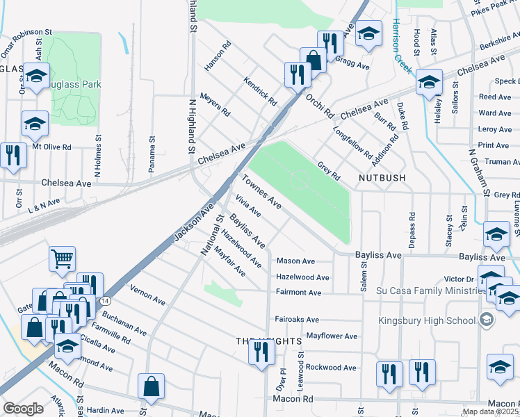 map of restaurants, bars, coffee shops, grocery stores, and more near 3602 Vivia Avenue in Memphis
