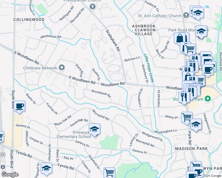 map of restaurants, bars, coffee shops, grocery stores, and more near 1006 East Woodlawn Road in Charlotte