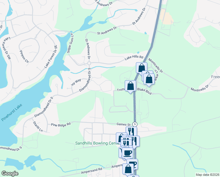 map of restaurants, bars, coffee shops, grocery stores, and more near 2604 Wentworth Circle in Pinehurst