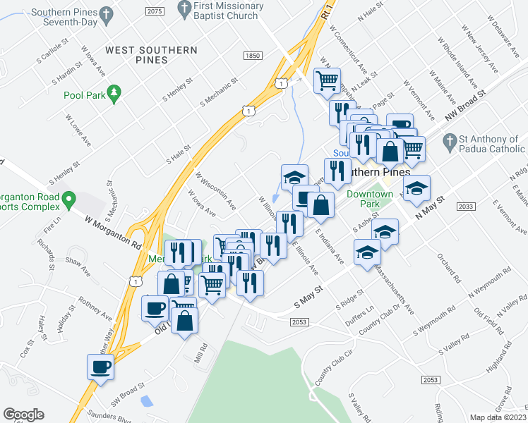 map of restaurants, bars, coffee shops, grocery stores, and more near 230 West Illinois Avenue in Southern Pines
