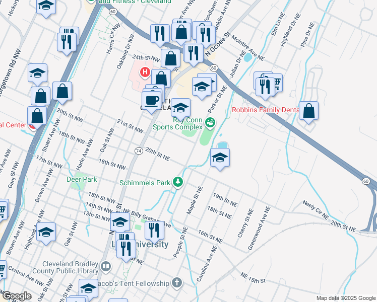 map of restaurants, bars, coffee shops, grocery stores, and more near 2141 Parker Street Northeast in Cleveland