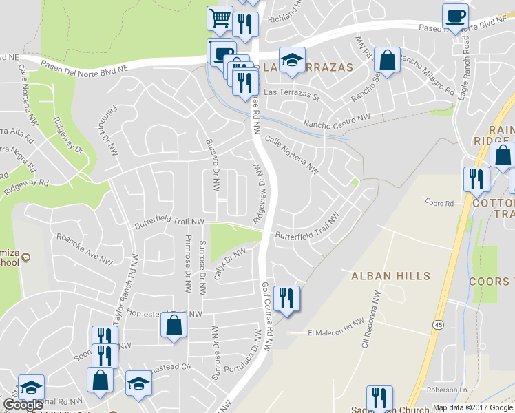 map of restaurants, bars, coffee shops, grocery stores, and more near 7719 Ridgeview Drive Northwest in Albuquerque