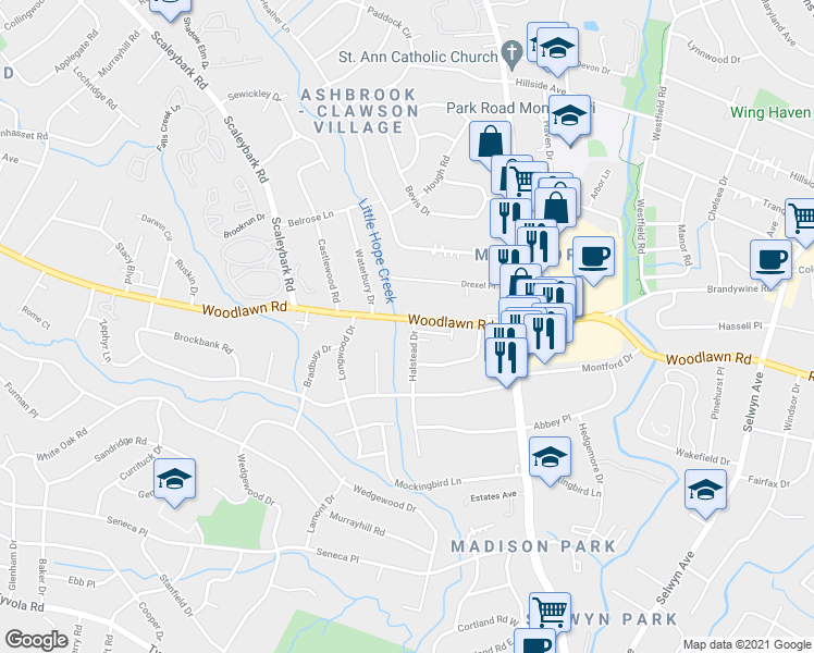 map of restaurants, bars, coffee shops, grocery stores, and more near 1242 E Woodlawn Rd in Charlotte