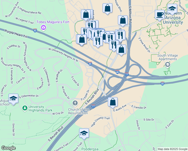 map of restaurants, bars, coffee shops, grocery stores, and more near 700 West University Heights Drive North in Flagstaff