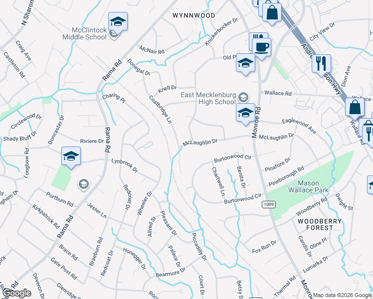 map of restaurants, bars, coffee shops, grocery stores, and more near 1411 McLaughlin Drive in Charlotte