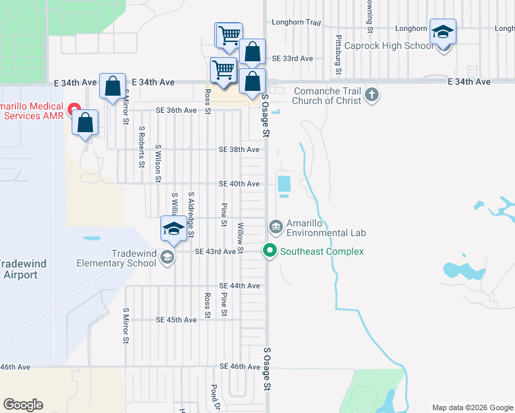 map of restaurants, bars, coffee shops, grocery stores, and more near 2108 Southeast 41st Avenue in Amarillo