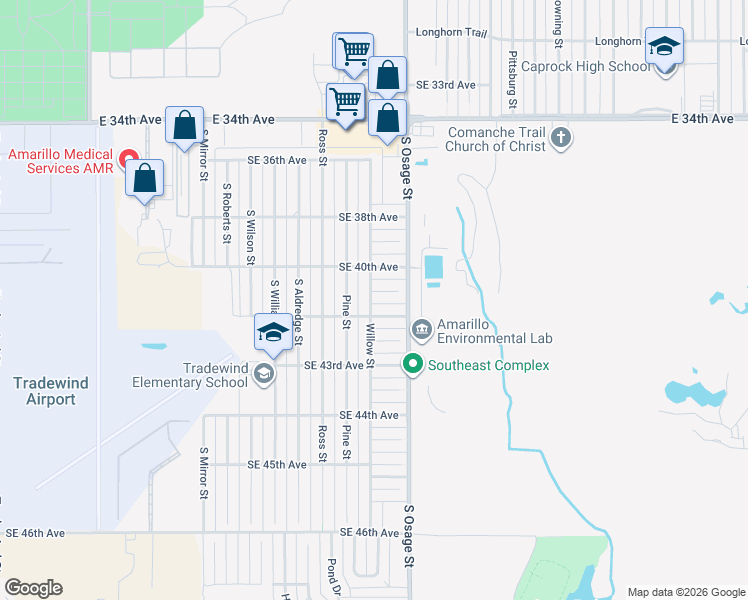 map of restaurants, bars, coffee shops, grocery stores, and more near 2108 Southeast 41st Avenue in Amarillo
