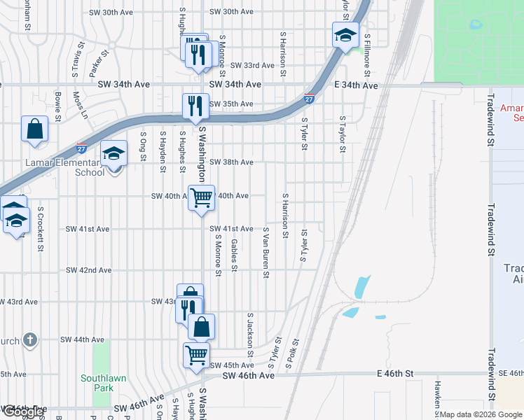 map of restaurants, bars, coffee shops, grocery stores, and more near 4011 South Jackson Street in Amarillo