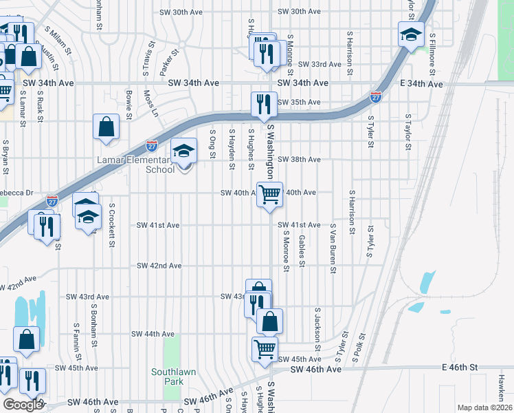 map of restaurants, bars, coffee shops, grocery stores, and more near 4008 South Hughes Street in Amarillo