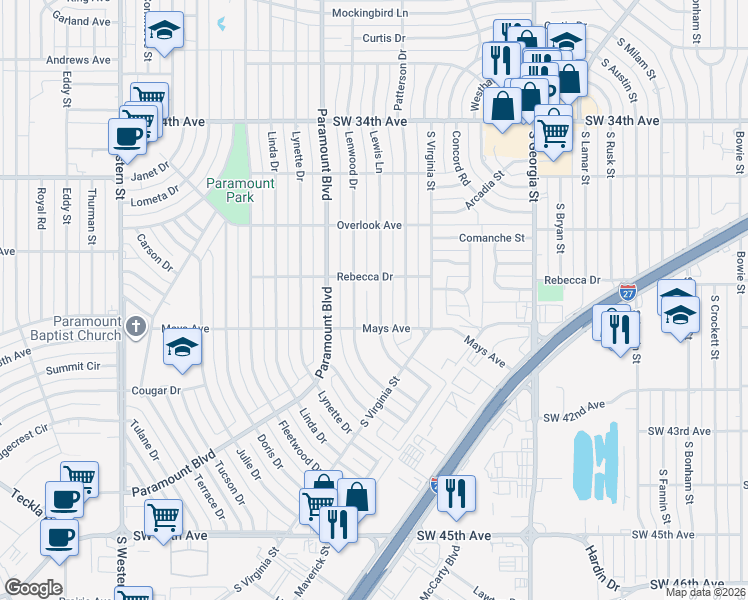 map of restaurants, bars, coffee shops, grocery stores, and more near 3709 Lewis Lane in Amarillo
