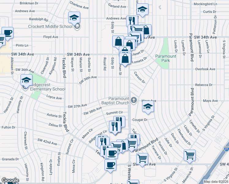 map of restaurants, bars, coffee shops, grocery stores, and more near 3617 Eddy Street in Amarillo