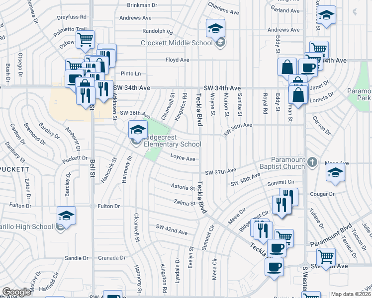 map of restaurants, bars, coffee shops, grocery stores, and more near 5203 Jean Avenue in Amarillo