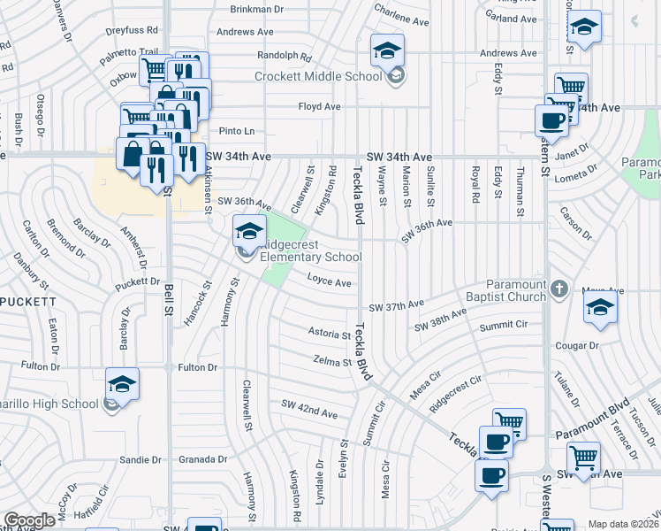 map of restaurants, bars, coffee shops, grocery stores, and more near 5217 Jean Avenue in Amarillo