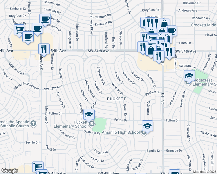 map of restaurants, bars, coffee shops, grocery stores, and more near 3723 Farwell Dr in Amarillo