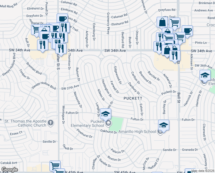 map of restaurants, bars, coffee shops, grocery stores, and more near 3709 Huntington Drive in Amarillo