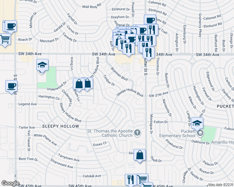 map of restaurants, bars, coffee shops, grocery stores, and more near 7408 Lynnlee Place in Amarillo