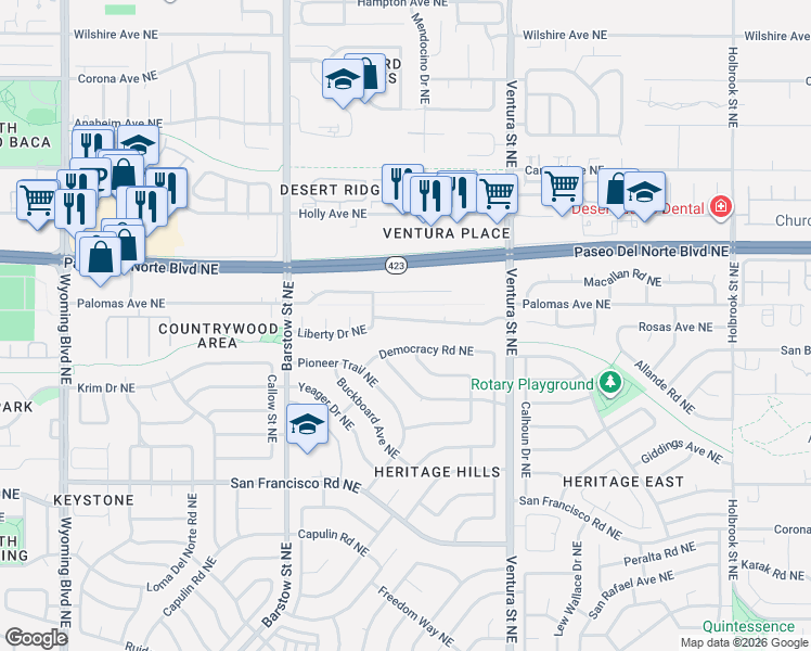 map of restaurants, bars, coffee shops, grocery stores, and more near 8722 Liberty Drive Northeast in Albuquerque