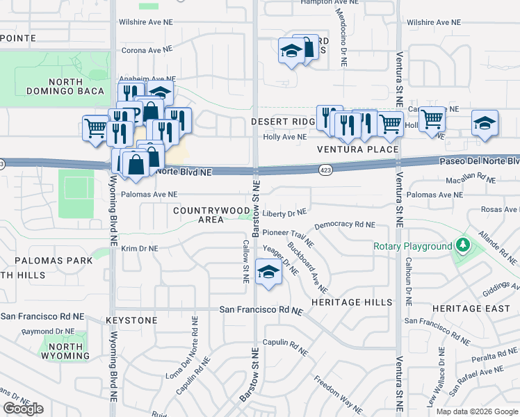 map of restaurants, bars, coffee shops, grocery stores, and more near 7901 Potomac Court Northeast in Albuquerque
