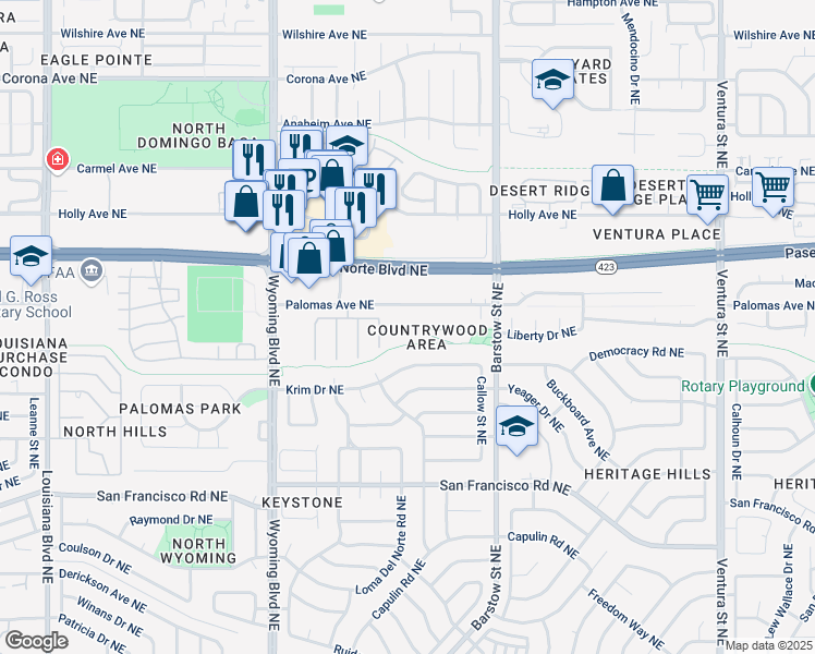 map of restaurants, bars, coffee shops, grocery stores, and more near 8100 Palomas Avenue Northeast in Albuquerque