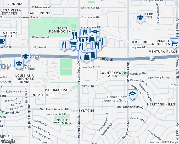 map of restaurants, bars, coffee shops, grocery stores, and more near 7933 Woodridge Drive Northeast in Albuquerque