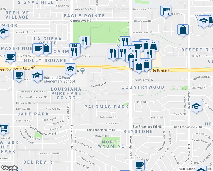 map of restaurants, bars, coffee shops, grocery stores, and more near 7999 Wyoming Boulevard Northeast in Albuquerque